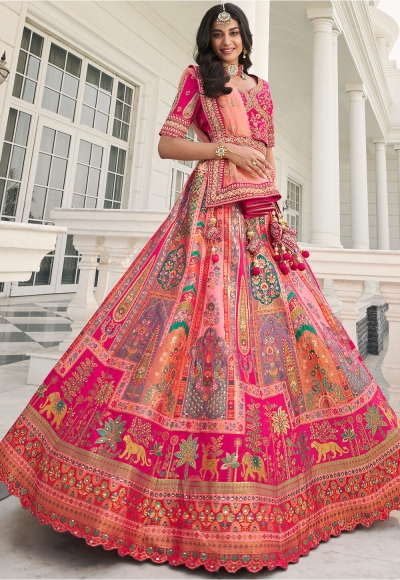 Woven Jacquard silk lehenga choli in Pink and Peach color