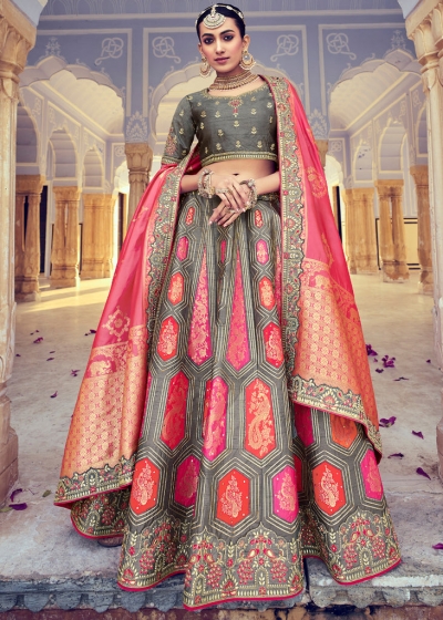 Woven Zari Banarasi silk lehenga choli in Grey and Pink