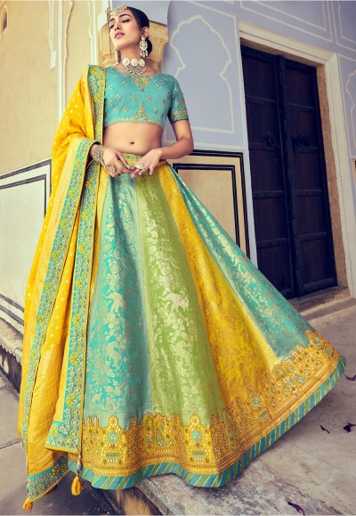 Woven Zari Banarasi silk lehenga choli in Multi color