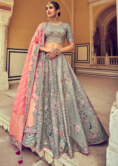 Woven Zari Banarasi silk lehenga choli in Grey color