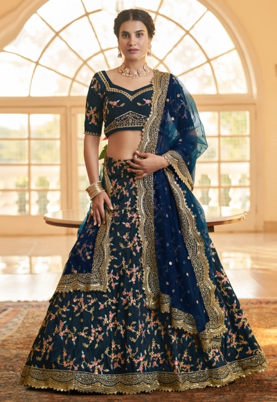 Chinon silk a line lehenga choli in Navy blue colour 802
