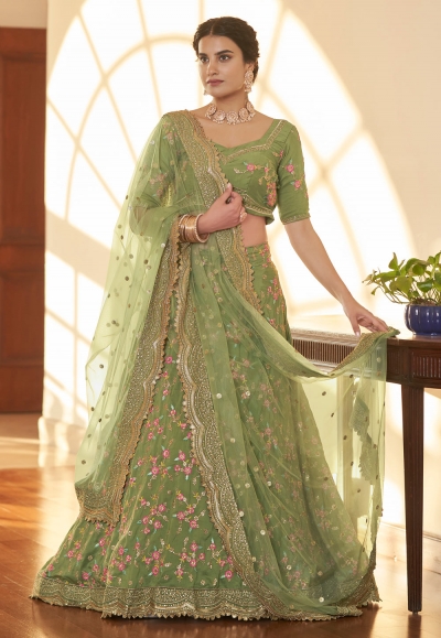 Chinon silk a line lehenga choli in Mehndi colour 804