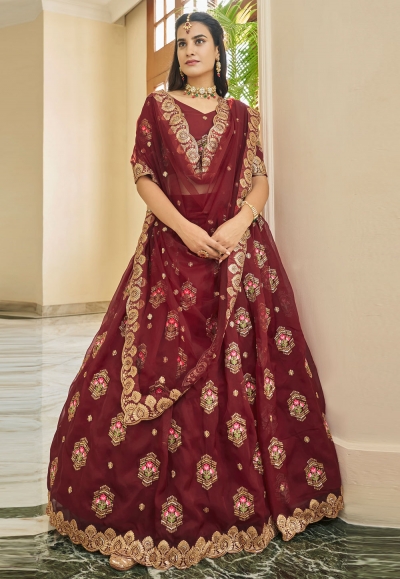 Organza circular lehenga choli in Maroon colour 2405