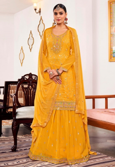 Georgette long choli lehenga in Yellow colour 892