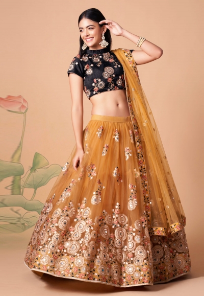 Soft net circular lehenga choli in Mustard colour 7318