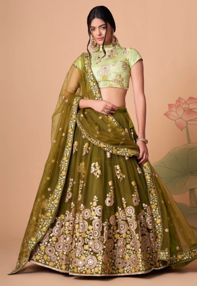 Soft net circular lehenga choli in Mehndi colour 7325