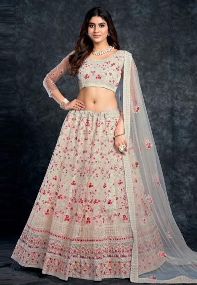 Net circular lehenga choli in Off white colour 3809