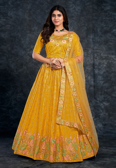 Silk circular lehenga choli in Yellow colour 3803