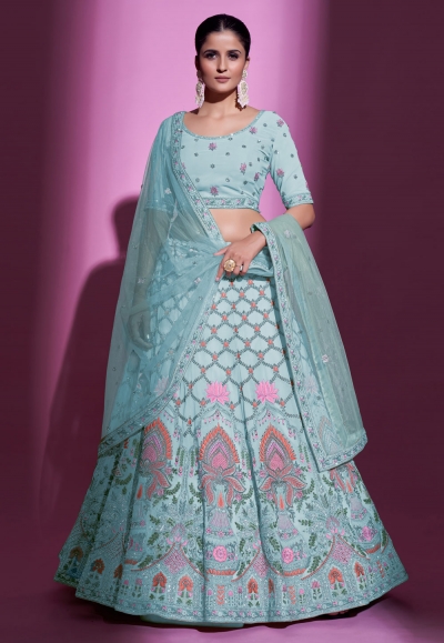 Georgette a line lehenga choli in Sky blue colour 34020