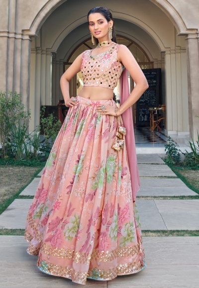 Georgette floral lehenga choli in Peach colour 2301