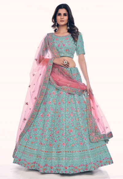 Silk circular lehenga choli in Sea green colour 36028