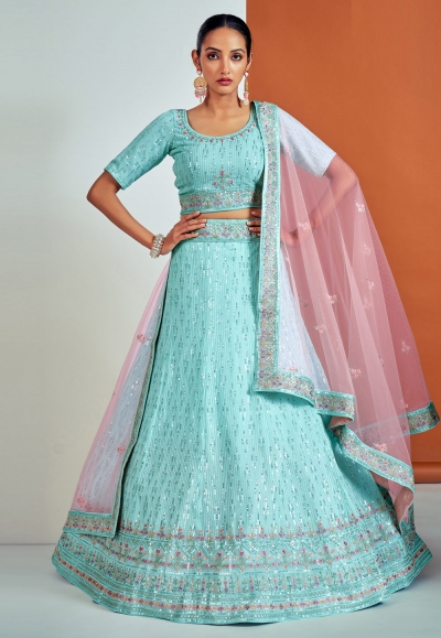 Georgette a line lehenga choli in Aqua colour 57006