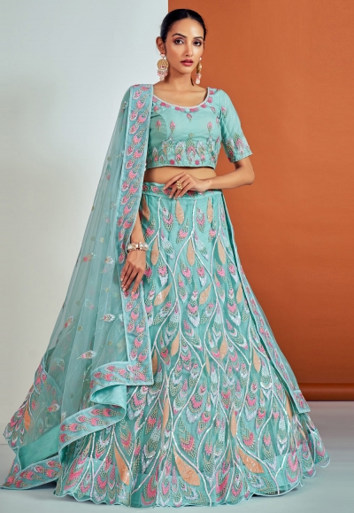 Soft net a line lehenga choli in Sky blue colour 57002