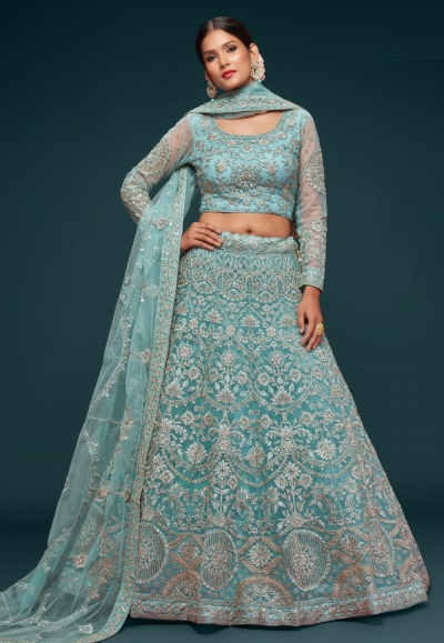 Soft net circular lehenga choli in Sky blue colour 7902