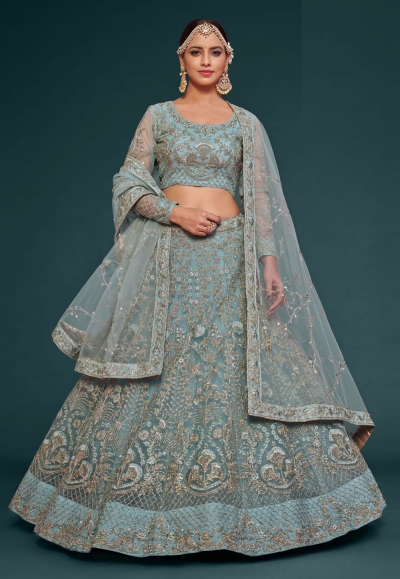 Soft net circular lehenga choli in Sky blue colour 7906