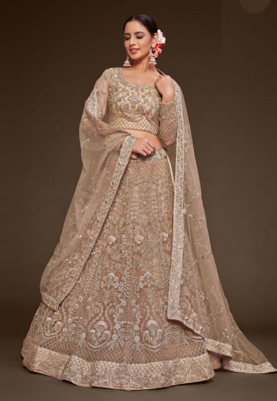 Soft net circular lehenga choli in Beige colour 7908