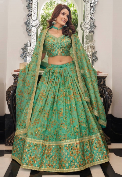 Organza floral lehenga choli in Sea green colour 7423