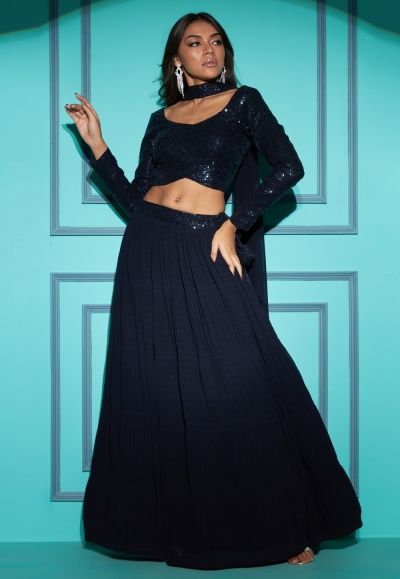 Georgette a line lehenga choli in Navy blue colour 7101