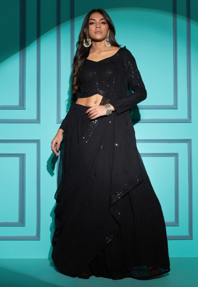 Georgette a line lehenga choli in Black colour 7106