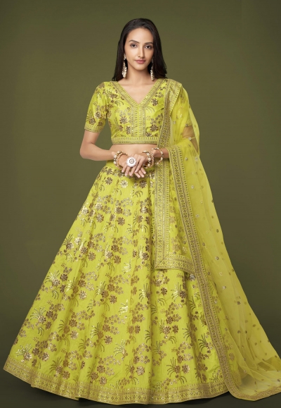 Silk circular lehenga choli in Light green colour 7816