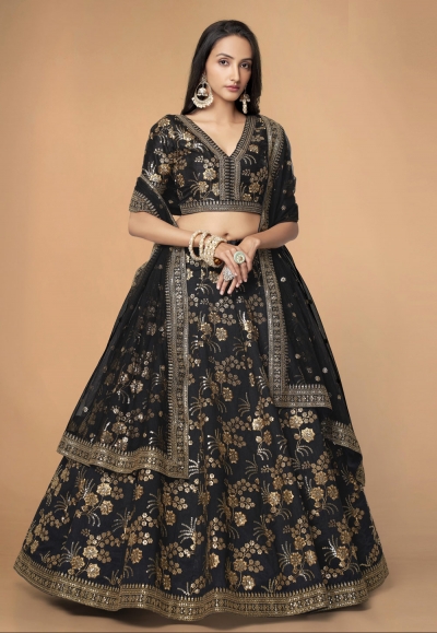 Silk circular lehenga choli in Black colour 7814