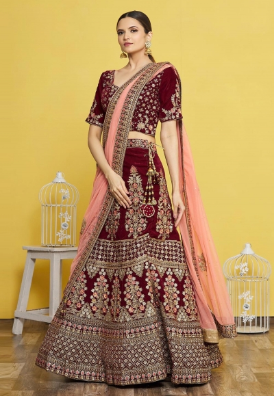 Velvet a line lehenga choli in Maroon colour 822C