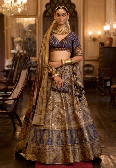 Silk circular lehenga choli in Navy blue colour 1154