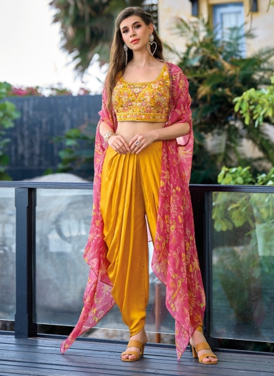 classic yellow color floral motif dhoti style dress – ODHNI