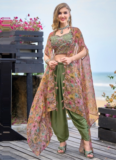 Olive Green satin readymade dhoti set cape suit 1135