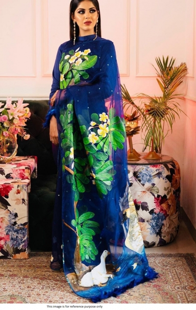 Bollywood model semi pure organza saree in blue color
