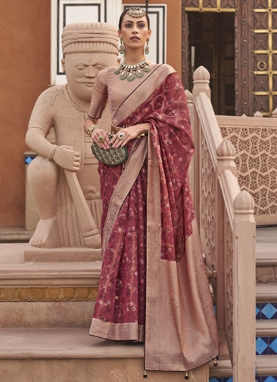 Maroon Organza Party Wear Digital Printed Saree RANGMANCH 795