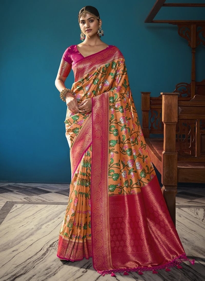 Orange Silk Wedding Wear Digital Printed Saree THEKANCHI 6707