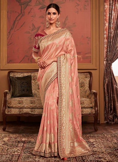 Peach Dola Silk Wedding Wear Embroidery Work Saree MAHARANI 184