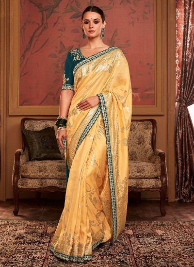 Beige Dola Silk Wedding Wear Embroidery Work Saree MAHARANI 191