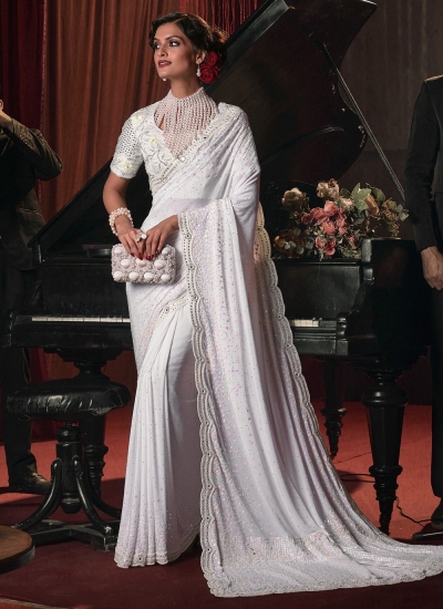 Imported Crystal mirror heavy Saree in White Color 6810