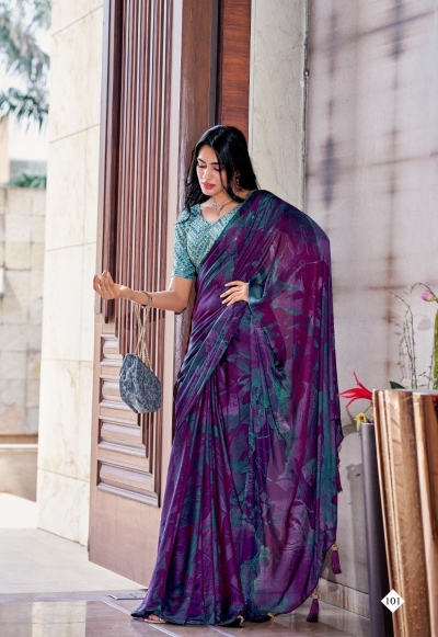 Purple 3D Velvet designer saree with blouse 101