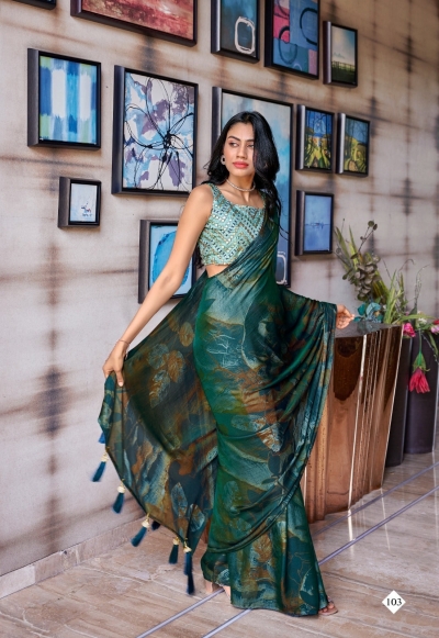 Green 3D Velvet designer saree with blouse 103