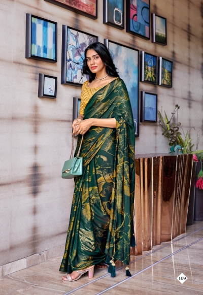 Green 3D Velvet designer saree with blouse 109