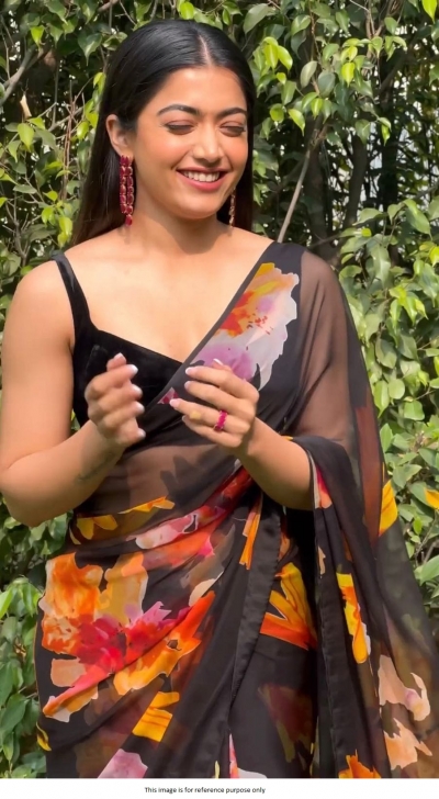 Tollywood Rashmika Mandanna inspired black georgette saree