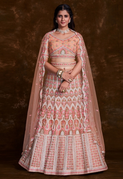 Peach net a line lehenga choli 75004