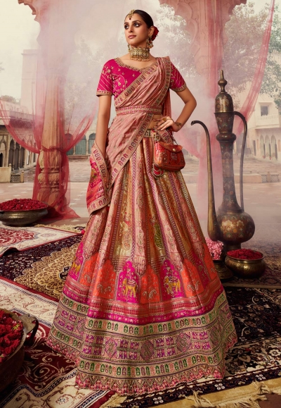 Peach banarasi silk wedding lehenga choli 10249