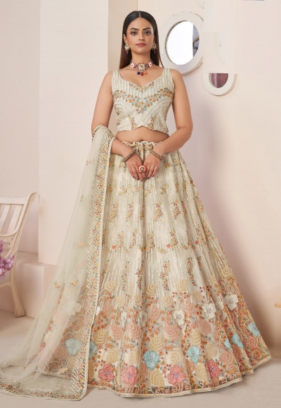 Off white net sequin lehenga choli online 87011