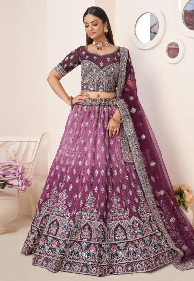 Purple satin mirror work lehenga choli 87023