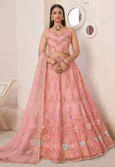 Pink net sequin lehenga choli 87008