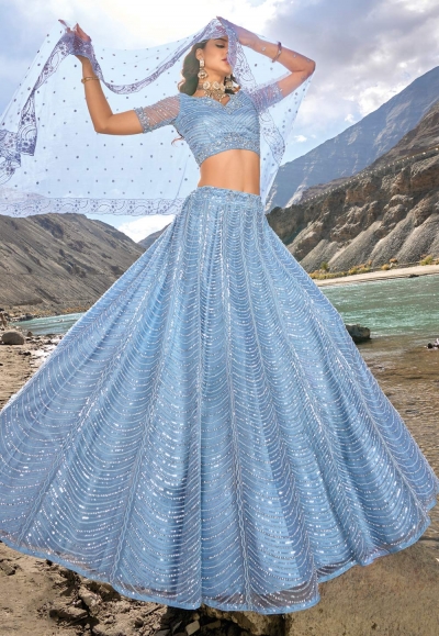 Sky blue net lehenga choli for wedding 7403