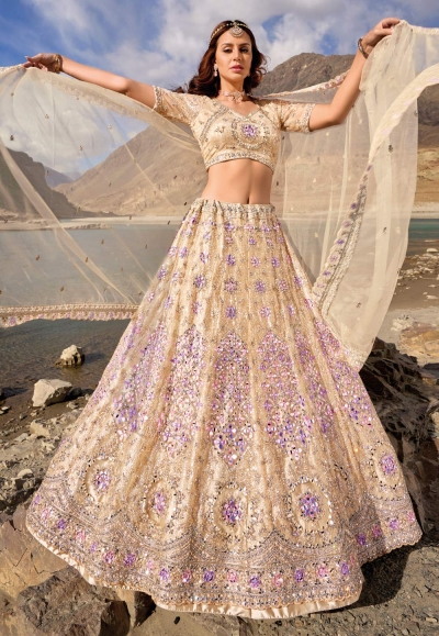 Beige net wedding lehenga choli 7406