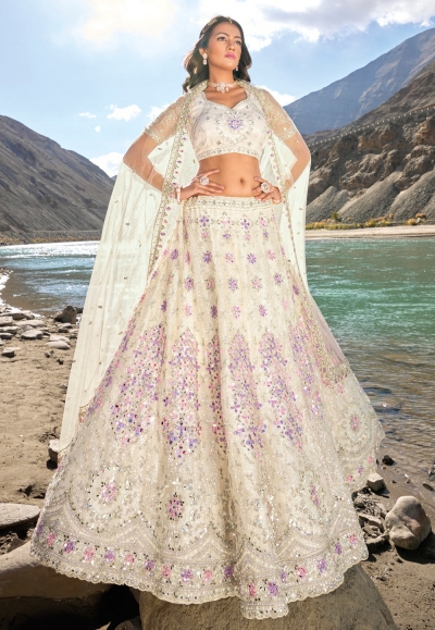 Cream net wedding lehenga choli 7411