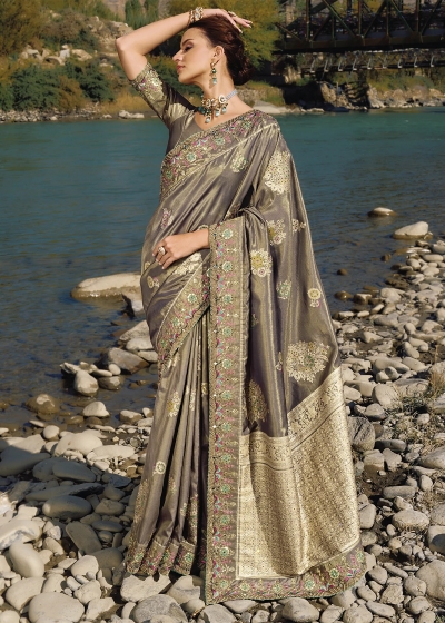 Grey banarasi silk wedding wear saree 7307