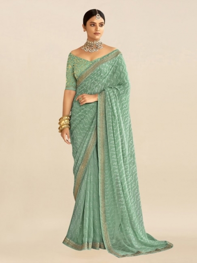 Sea green georgette designer Bhandini saree with blouse 1015
