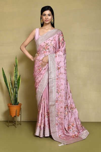 Rose satin silk embroidered saree with blouse N7476A